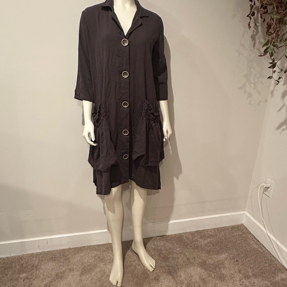 For Cynthia Linen Dress – Gray, Asymmetrical Hem, Oversized Pockets